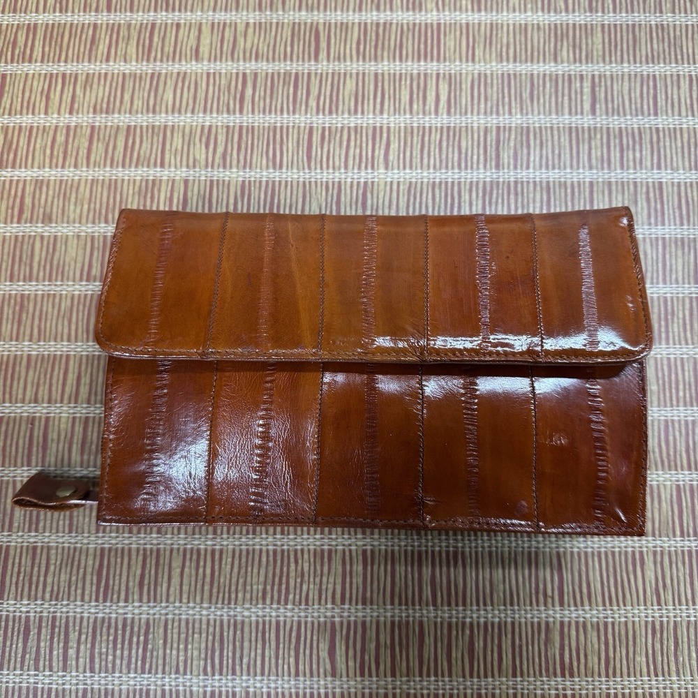 New VTG Brown Eel Skin Organizer Wallet To Crossbody Mini Purse Lee Sands 8.5 X5 - Picture 3 of 8